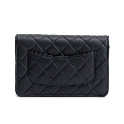 Chanel 2022 So Black Lambskin Leather Classic Wallet on Chain