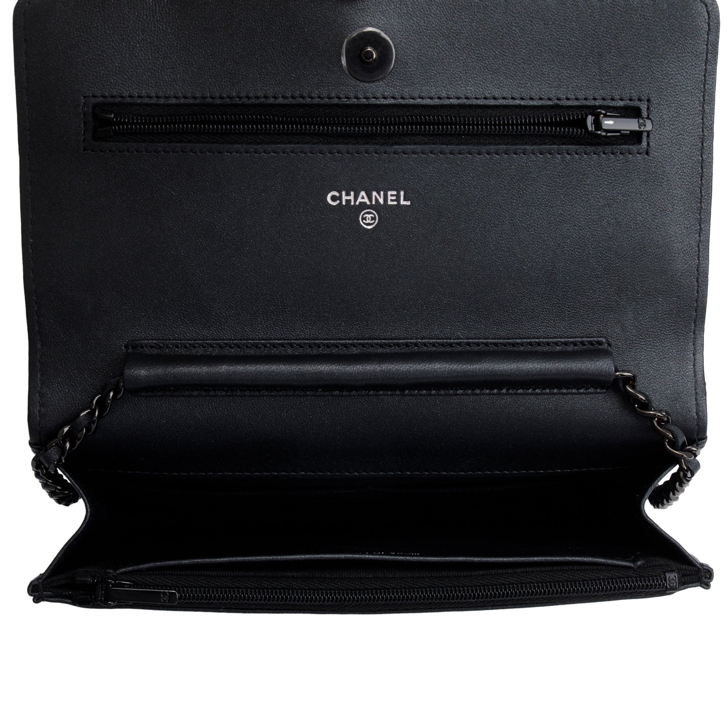 Chanel 2022 So Black Lambskin Leather Classic Wallet on Chain