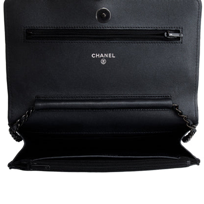 Chanel 2022 So Black Lambskin Leather Classic Wallet on Chain