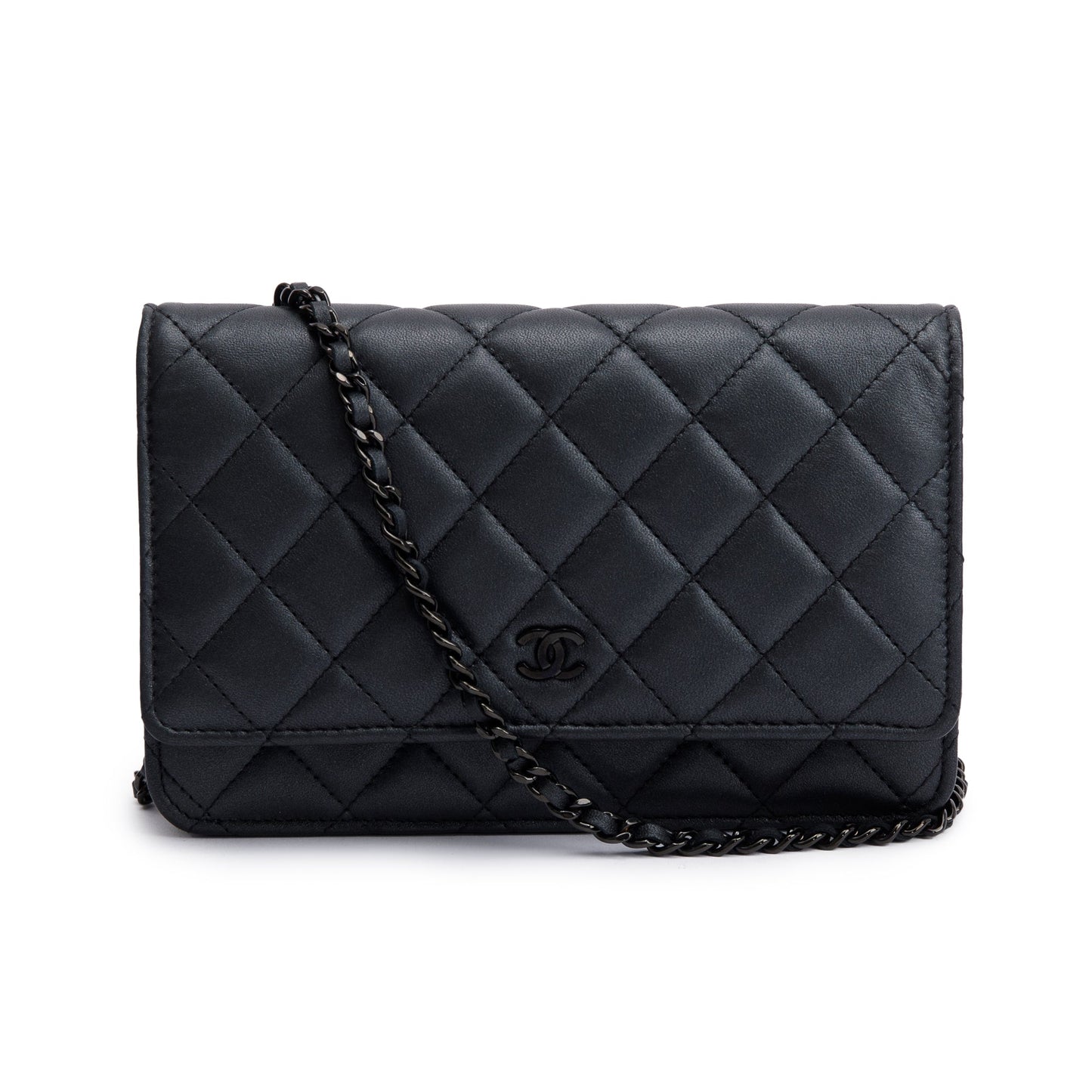 Chanel 2022 So Black Lambskin Leather Classic Wallet on Chain