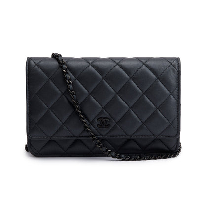 Chanel 2022 So Black Lambskin Leather Classic Wallet on Chain