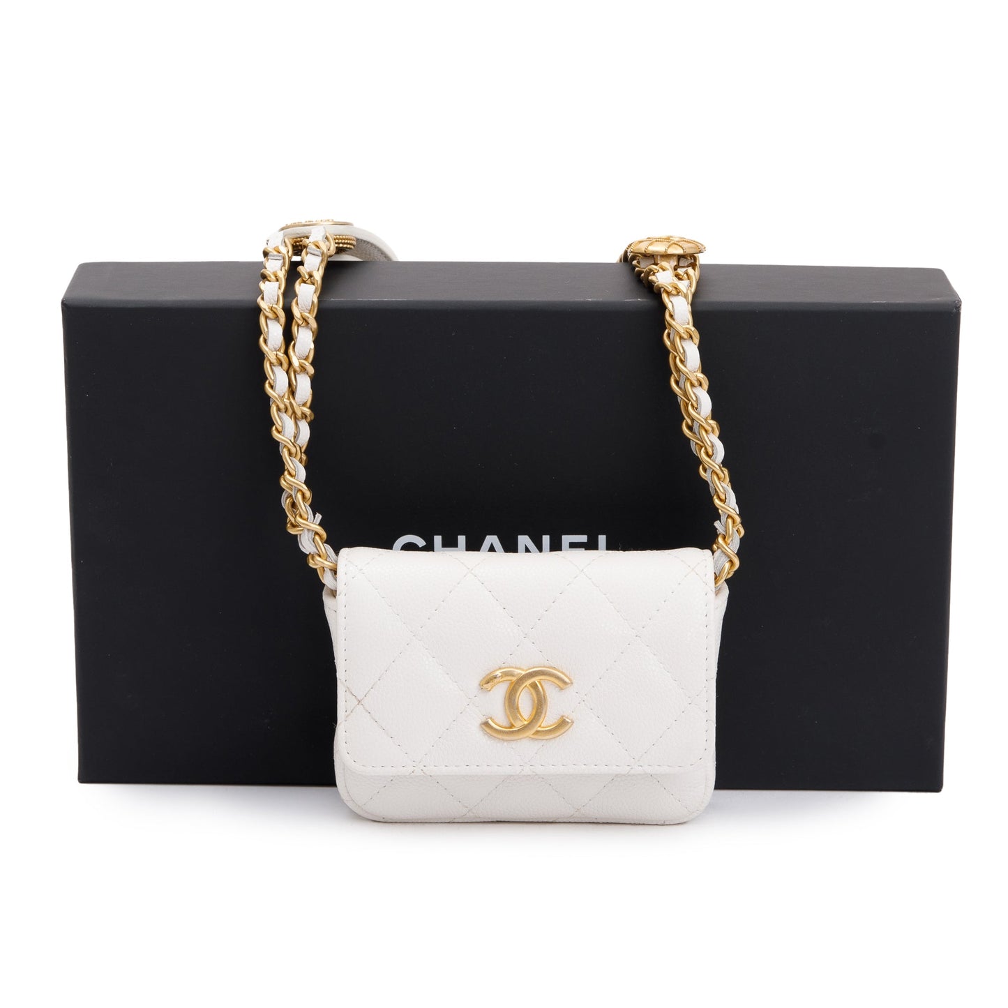 Chanel 2022 White Quilted Caviar Leather Twist Your Buttons Flap Chain Belt Bag