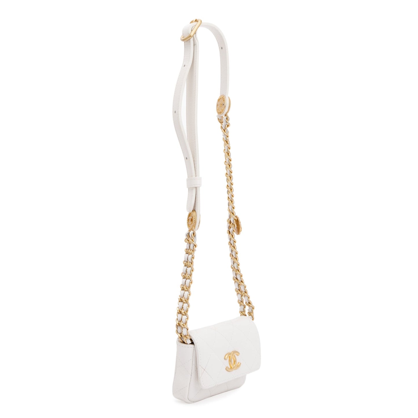 Chanel 2022 White Quilted Caviar Leather Twist Your Buttons Flap Chain Belt Bag