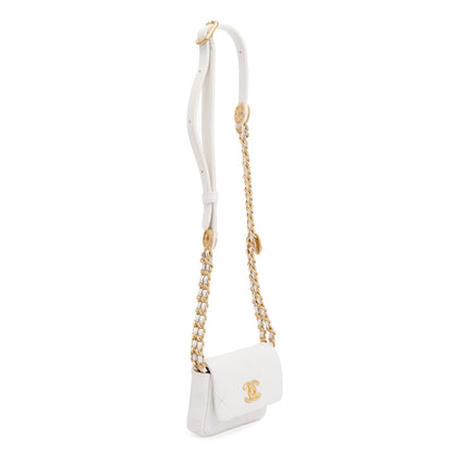 Chanel 2022 White Quilted Caviar Leather Twist Your Buttons Flap Chain Belt Bag