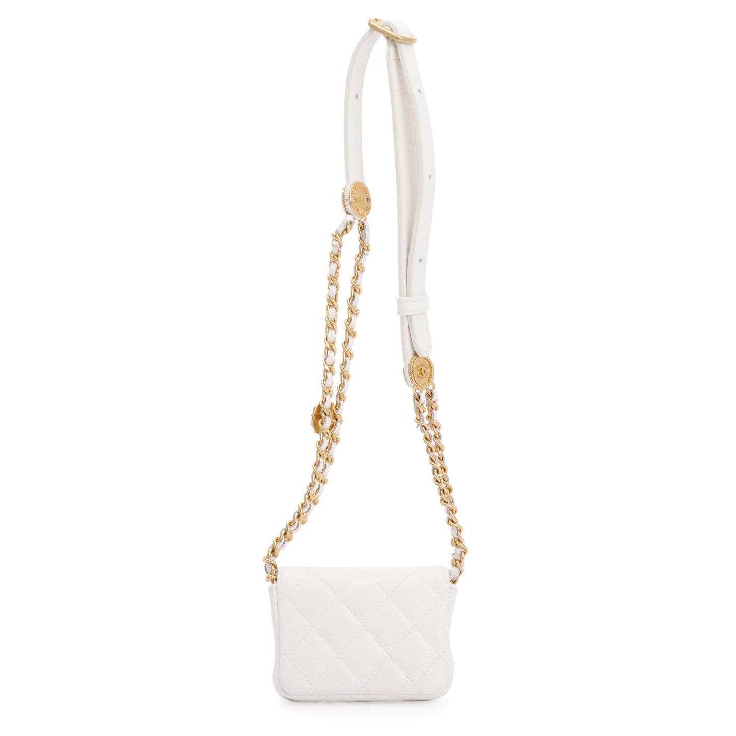 Chanel 2022 White Quilted Caviar Leather Twist Your Buttons Flap Chain Belt Bag