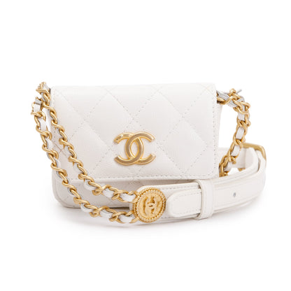 Chanel 2022 White Quilted Caviar Leather Twist Your Buttons Flap Chain Belt Bag