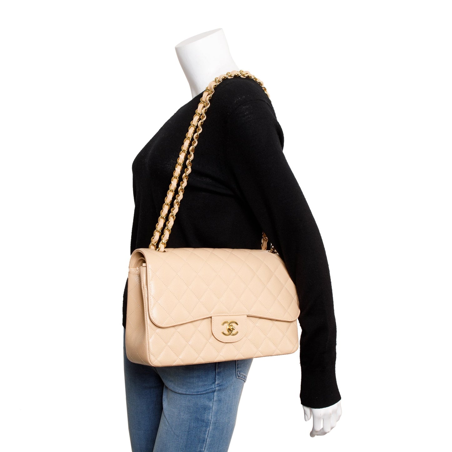 Chanel 2023 Beige Caviar Classic Jumbo Double Flap Bag