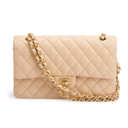 Chanel 2023 Beige Lambskin Leather Medium Classic Double Classic Flap Bag