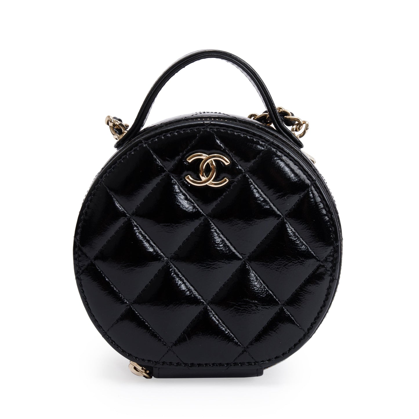Chanel 2023 Black Lambskin Leather Handle with Care Round Vanity Case