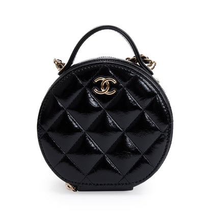 Chanel 2023 Black Lambskin Leather Handle with Care Round Vanity Case