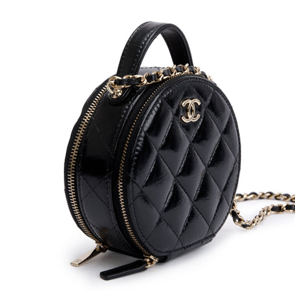 Chanel 2023 Black Lambskin Leather Handle with Care Round Vanity Case