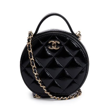 Chanel 2023 Black Lambskin Leather Handle with Care Round Vanity Case