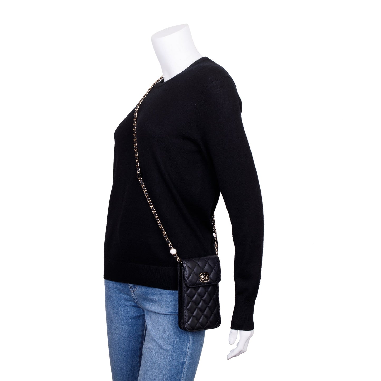 Chanel 2023 Black Quilted Calfskin Leather Candy CC Chain Phone Holder