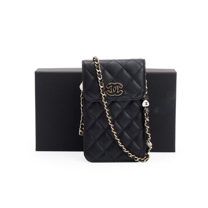 Chanel 2023 Black Quilted Calfskin Leather Candy CC Chain Phone Holder