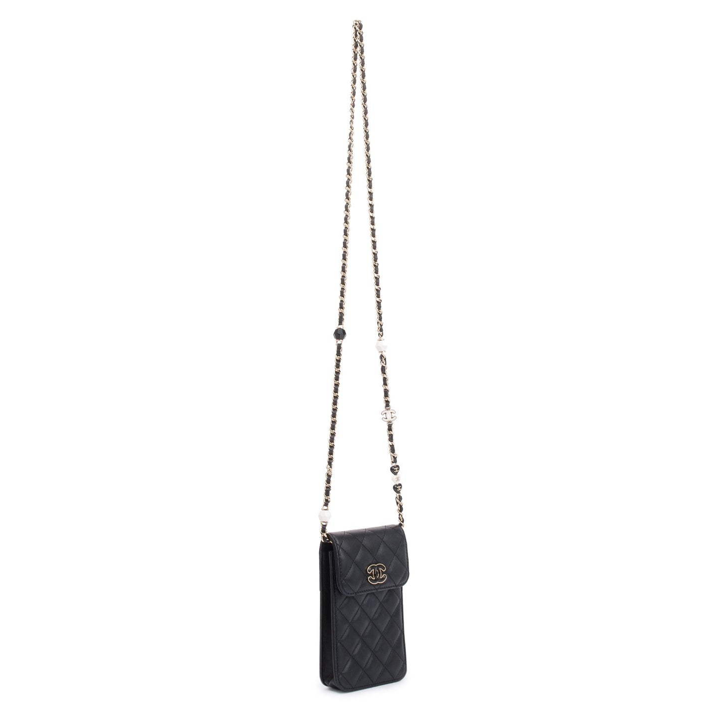 Chanel 2023 Black Quilted Calfskin Leather Candy CC Chain Phone Holder