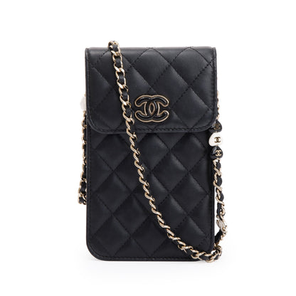 Chanel 2023 Black Quilted Calfskin Leather Candy CC Chain Phone Holder