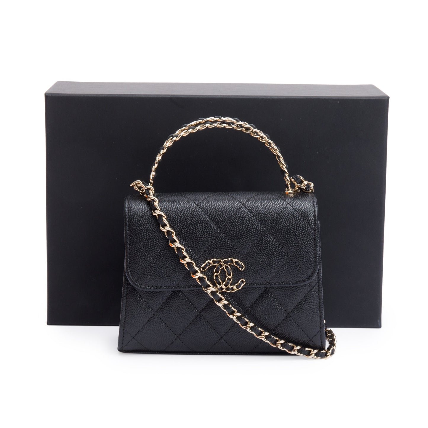 Chanel 2023 Black Quilted Caviar Leather Chain Top Handle on Chain