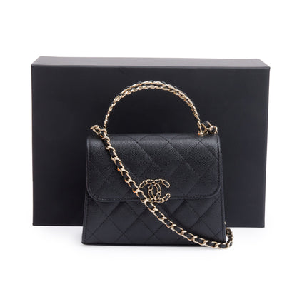 Chanel 2023 Black Quilted Caviar Leather Chain Top Handle on Chain
