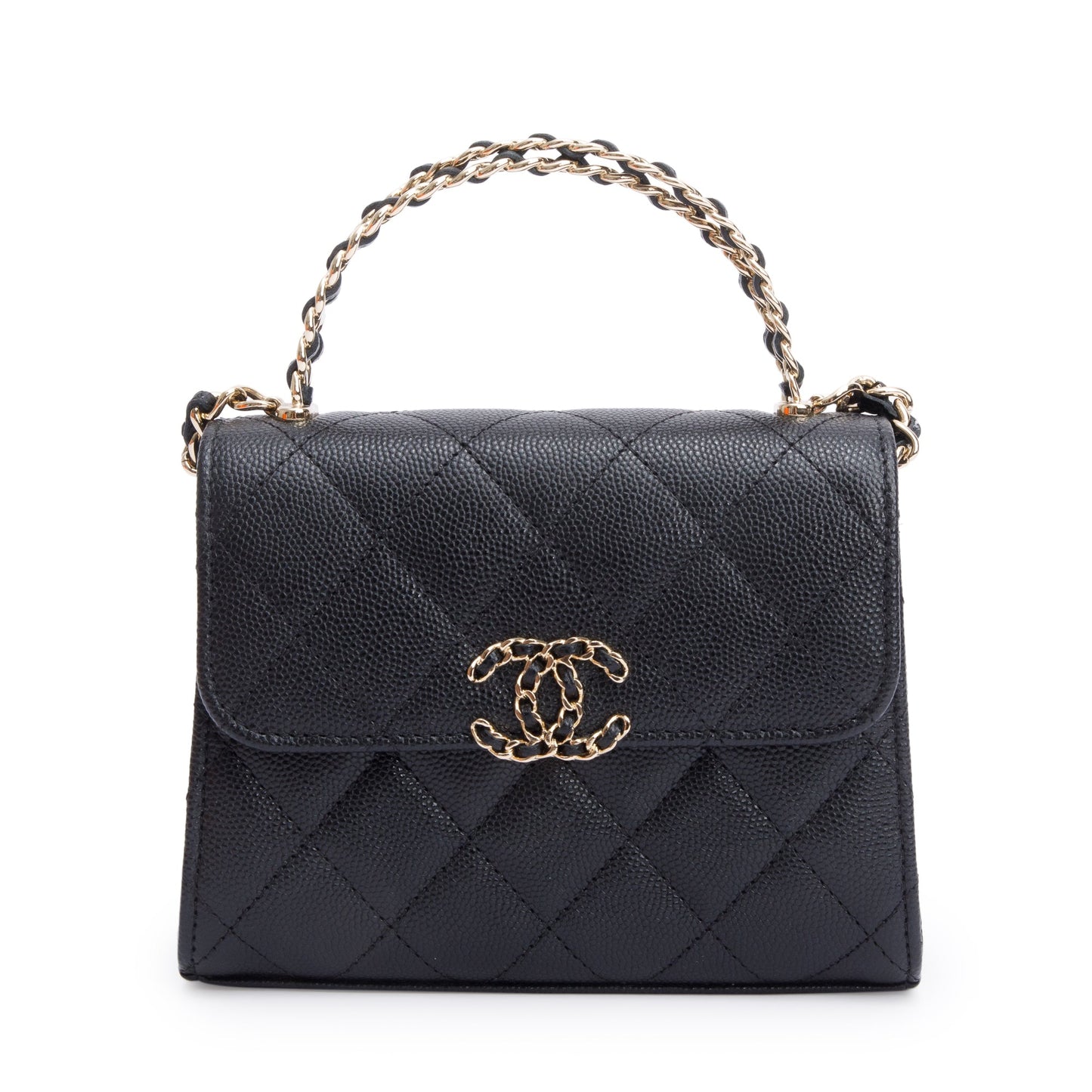 Chanel 2023 Black Quilted Caviar Leather Chain Top Handle on Chain