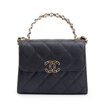 Chanel 2023 Black Quilted Caviar Leather Chain Top Handle on Chain