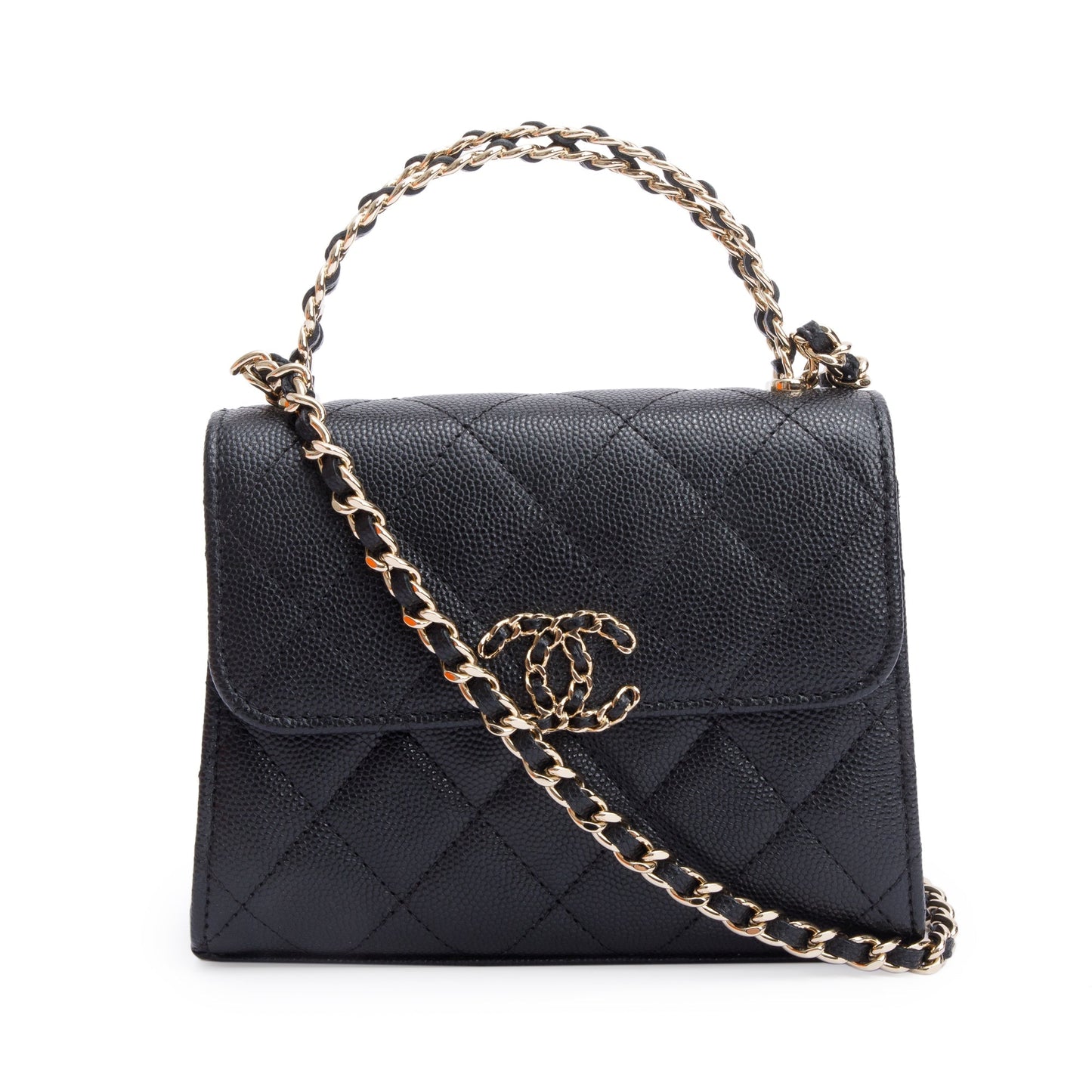 Chanel 2023 Black Quilted Caviar Leather Chain Top Handle on Chain