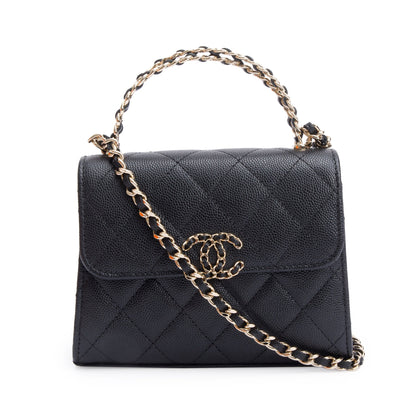 Chanel 2023 Black Quilted Caviar Leather Chain Top Handle on Chain