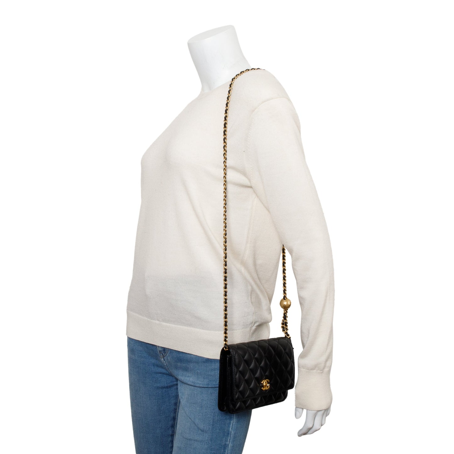 Chanel 2023 Black Quilted Lambskin Leather CC Pearl Crush Classic Wallet on Chain