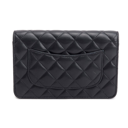 Chanel 2023 Black Quilted Lambskin Leather CC Pearl Crush Classic Wallet on Chain