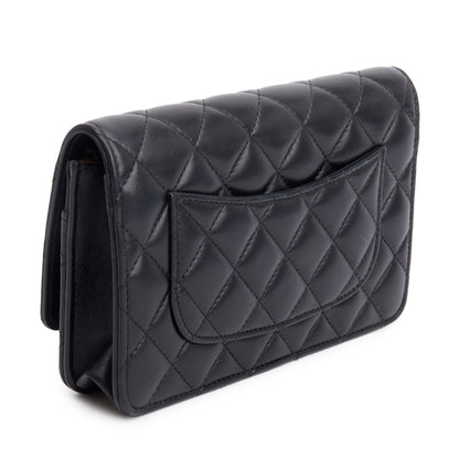 Chanel 2023 Black Quilted Lambskin Leather CC Pearl Crush Classic Wallet on Chain