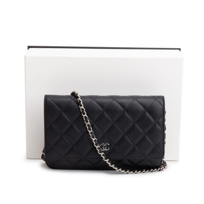 Chanel 2023 Black Quilted Lambskin Leather Classic Wallet on Chain