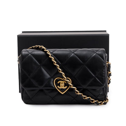 Chanel 2023 Black Quilted Lambskin Leather Small Heart Flap Bag