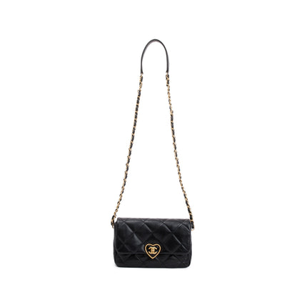 Chanel 2023 Black Quilted Lambskin Leather Small Heart Flap Bag