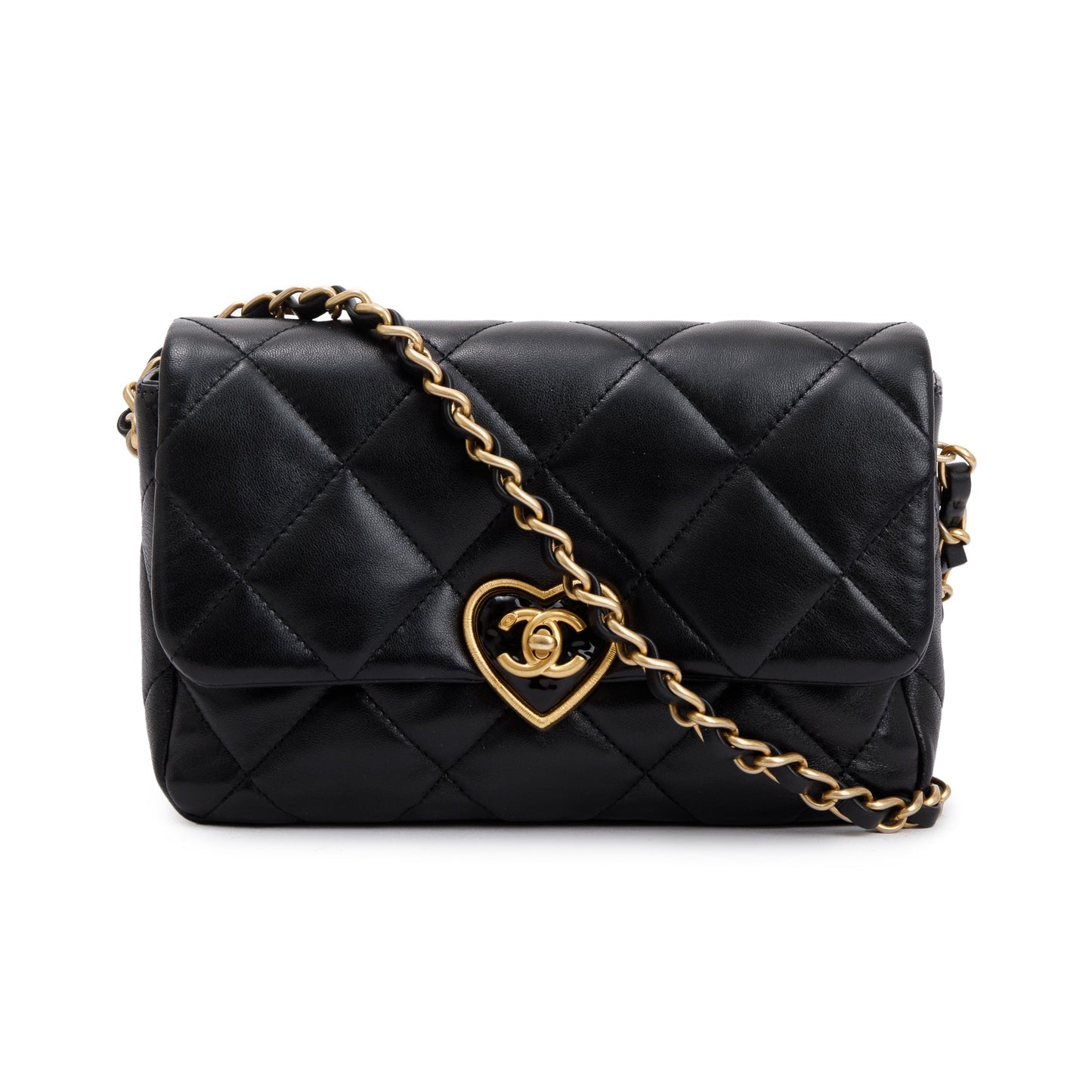 Chanel 2023 Black Quilted Lambskin Leather Small Heart Flap Bag