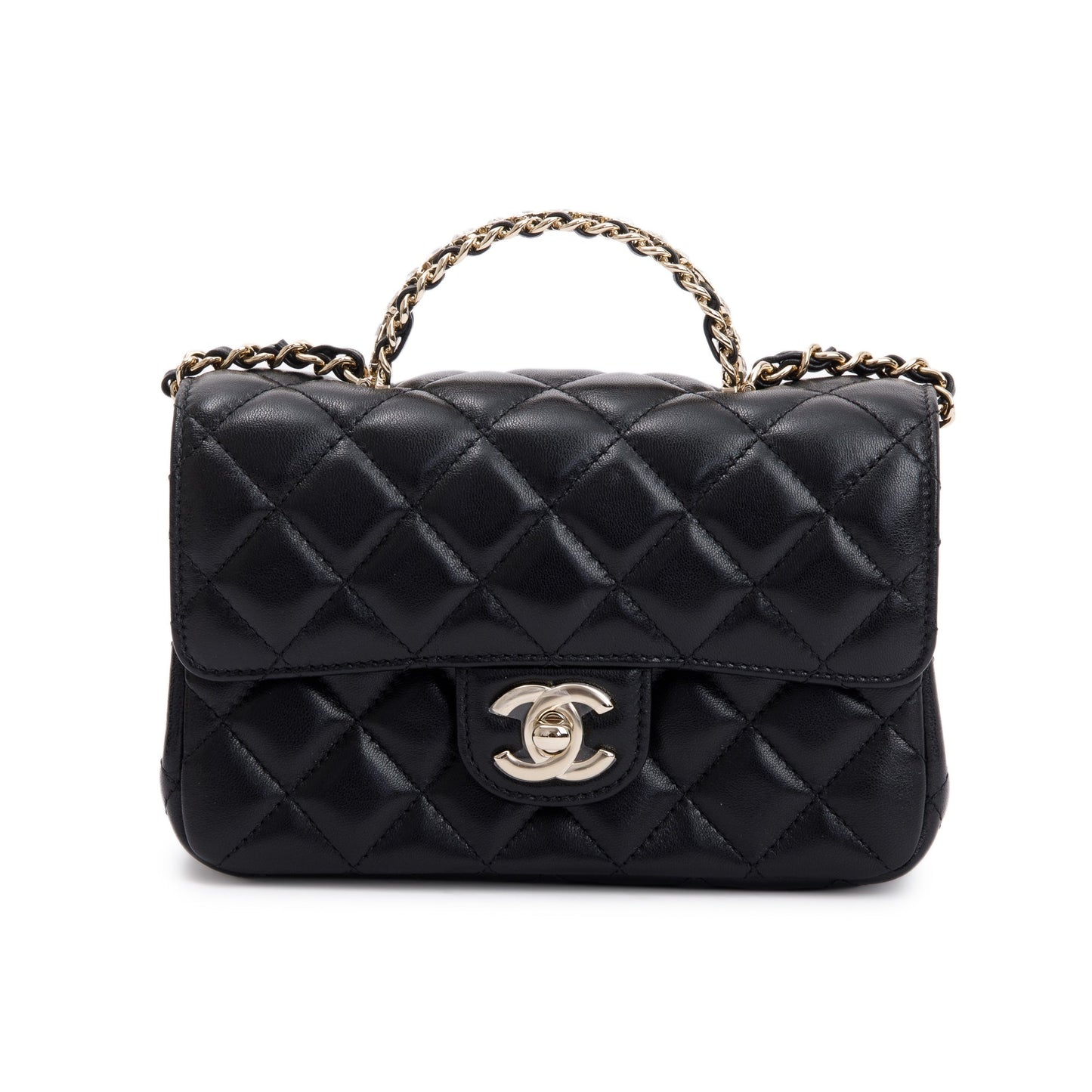 Chanel 2023 Black Quilted Lambskin Mini Crystal Top Handle Rectangular Flap Bag