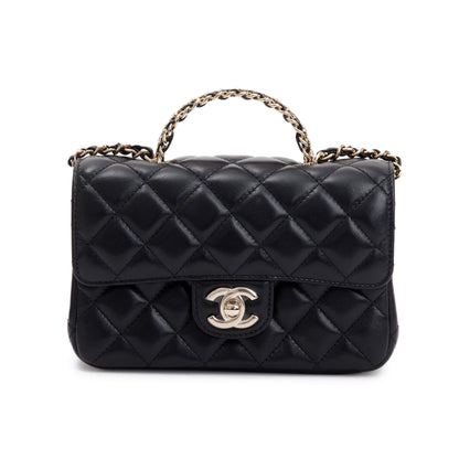 Chanel 2023 Black Quilted Lambskin Mini Crystal Top Handle Rectangular Flap Bag