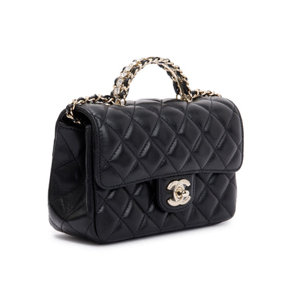 Chanel 2023 Black Quilted Lambskin Mini Crystal Top Handle Rectangular Flap Bag