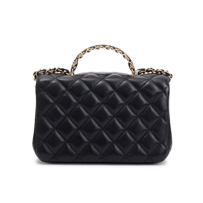 Chanel 2023 Black Quilted Lambskin Mini Crystal Top Handle Rectangular Flap Bag