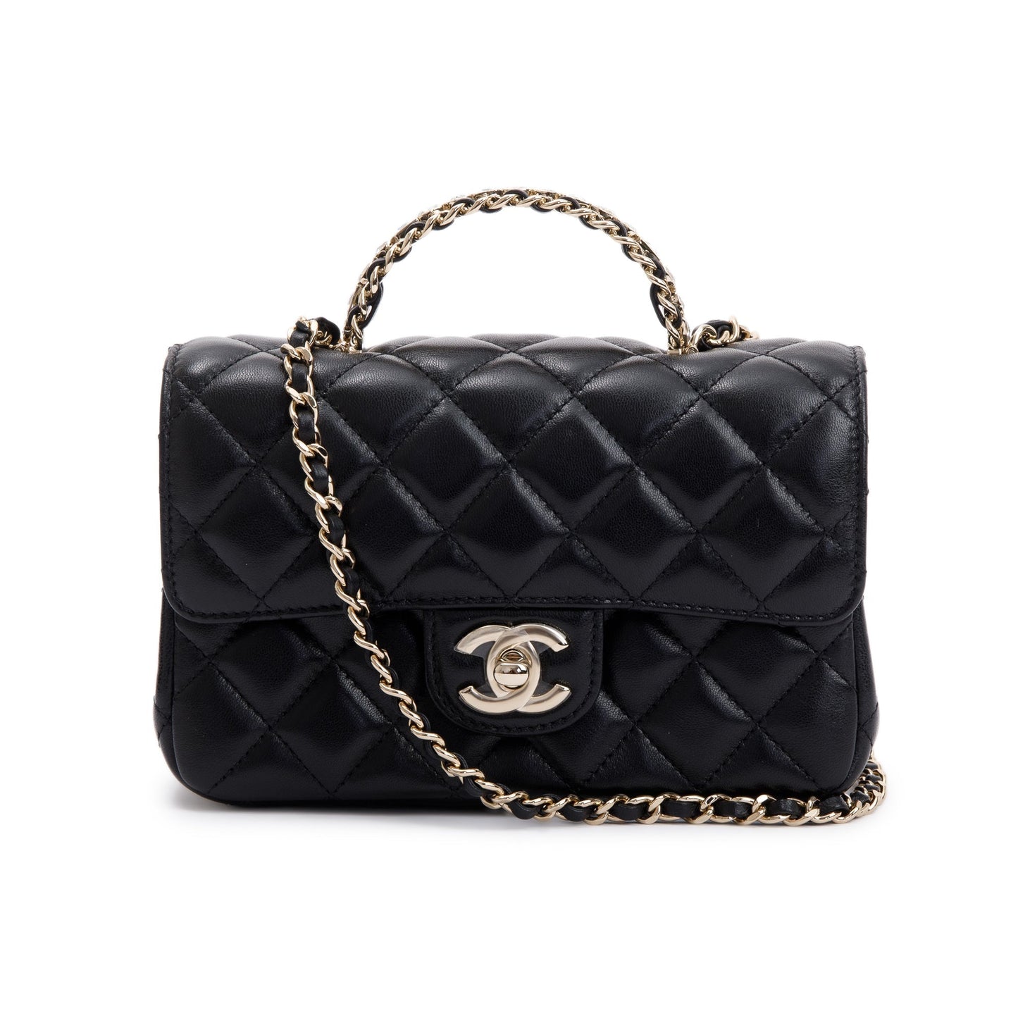 Chanel 2023 Black Quilted Lambskin Mini Crystal Top Handle Rectangular Flap Bag