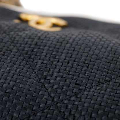 Chanel 2023 Black Raffia Calfskin Coco Maxi Beach Shopping Tote