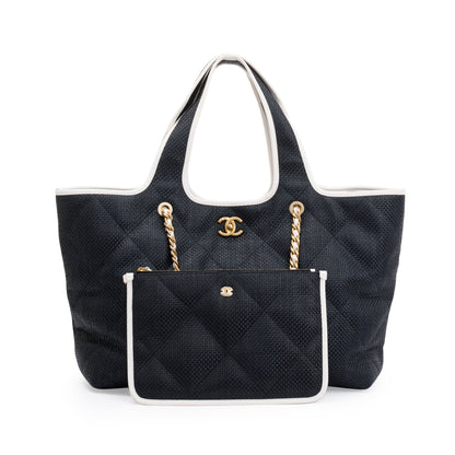 Chanel 2023 Black Raffia Calfskin Coco Maxi Beach Shopping Tote