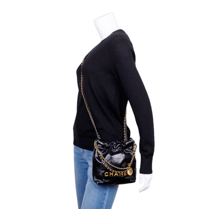 Chanel 2023 Black Shiny Calfskin Leather Mini Chanel 22