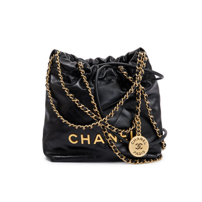 Chanel 2023 Black Shiny Calfskin Leather Mini Chanel 22