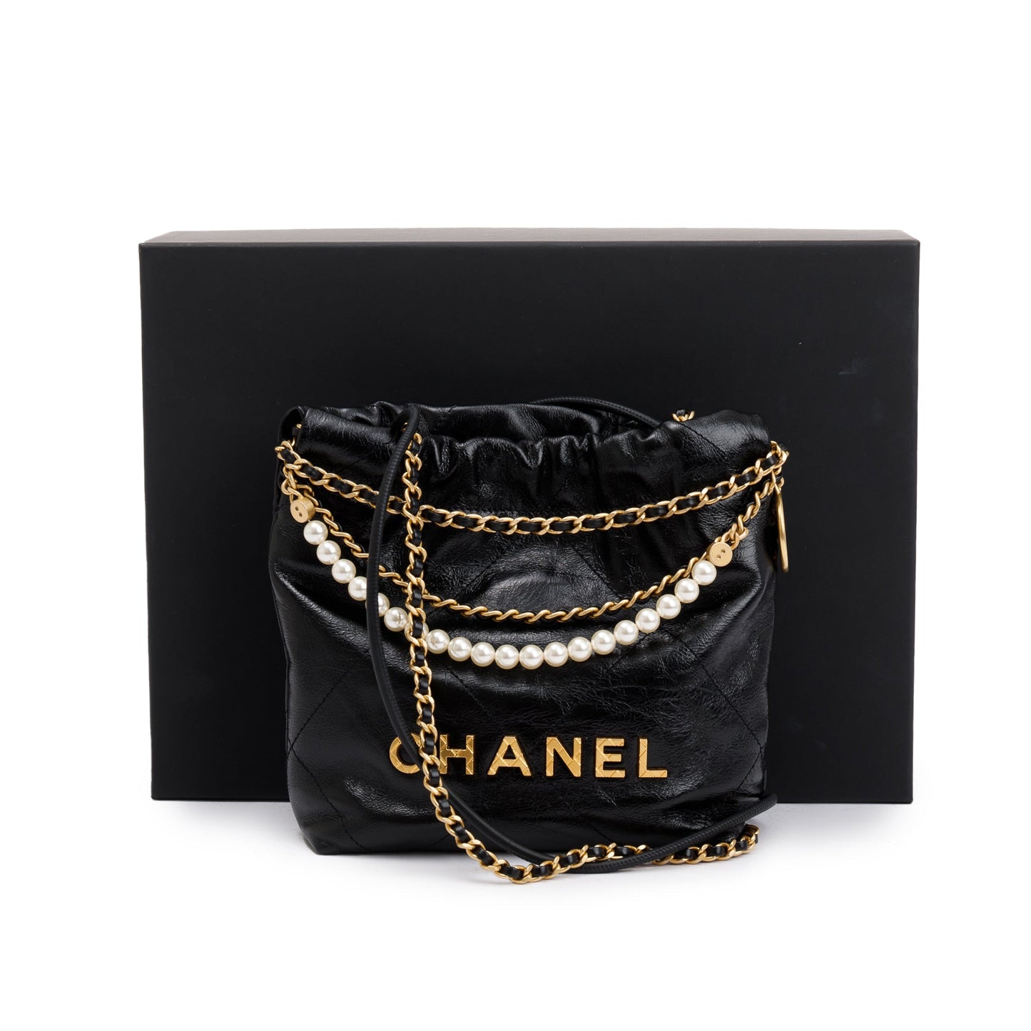 Chanel 2023 Black Shiny Calfskin Leather Mini Pearl Chanel 22