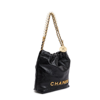 Chanel 2023 Black Shiny Calfskin Leather Mini Pearl Chanel 22