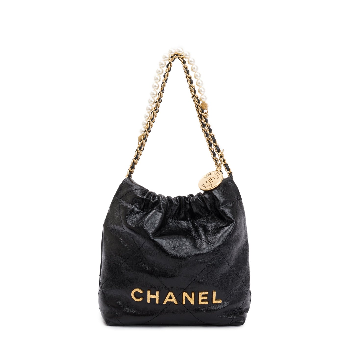 Chanel 2023 Black Shiny Calfskin Leather Mini Pearl Chanel 22