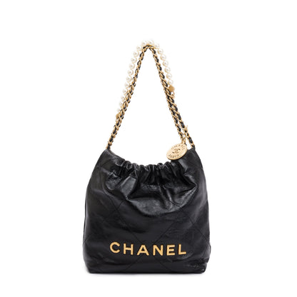Chanel 2023 Black Shiny Calfskin Leather Mini Pearl Chanel 22