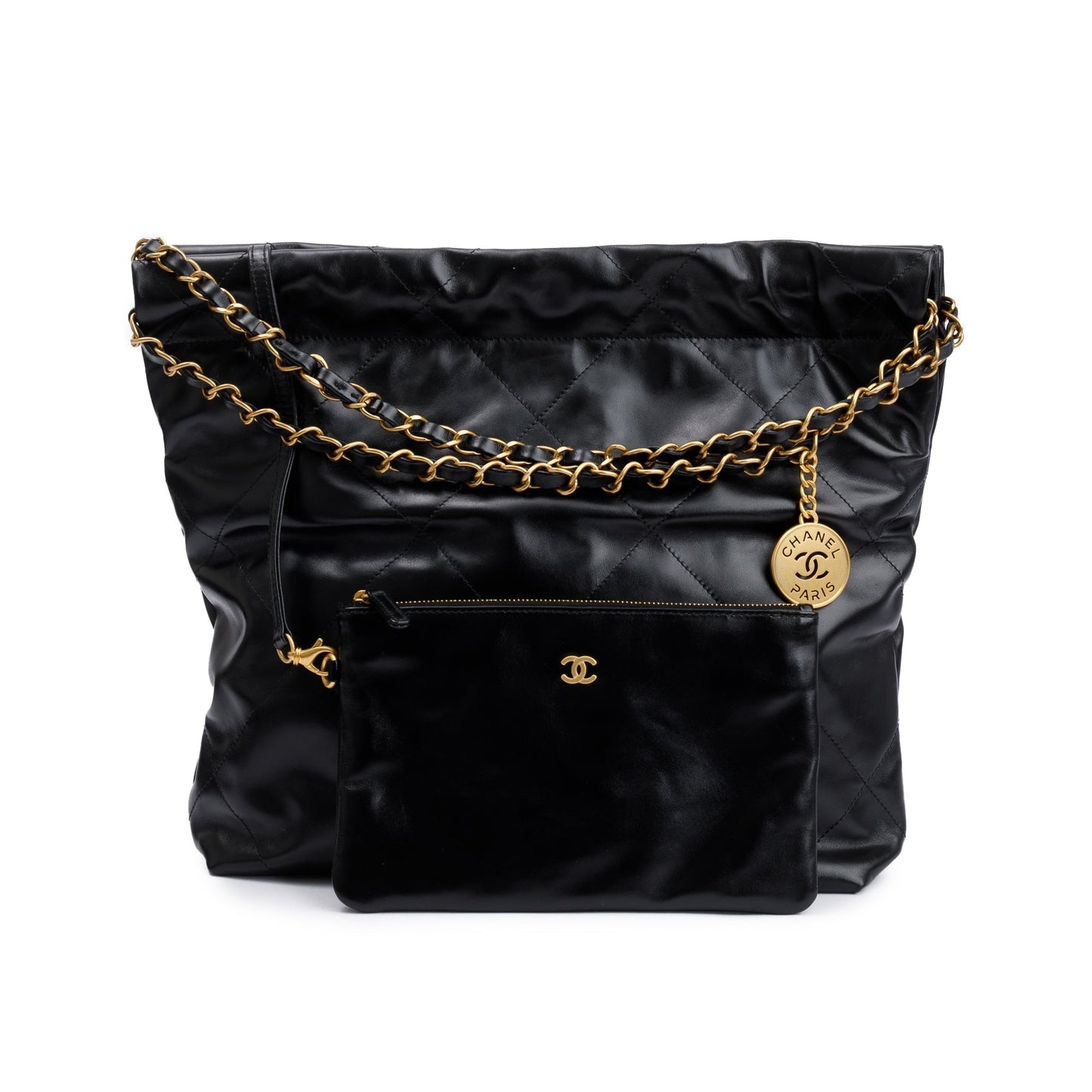 Chanel 2023 Black Shiny Calfskin Leather Small Chanel 22 Hobo