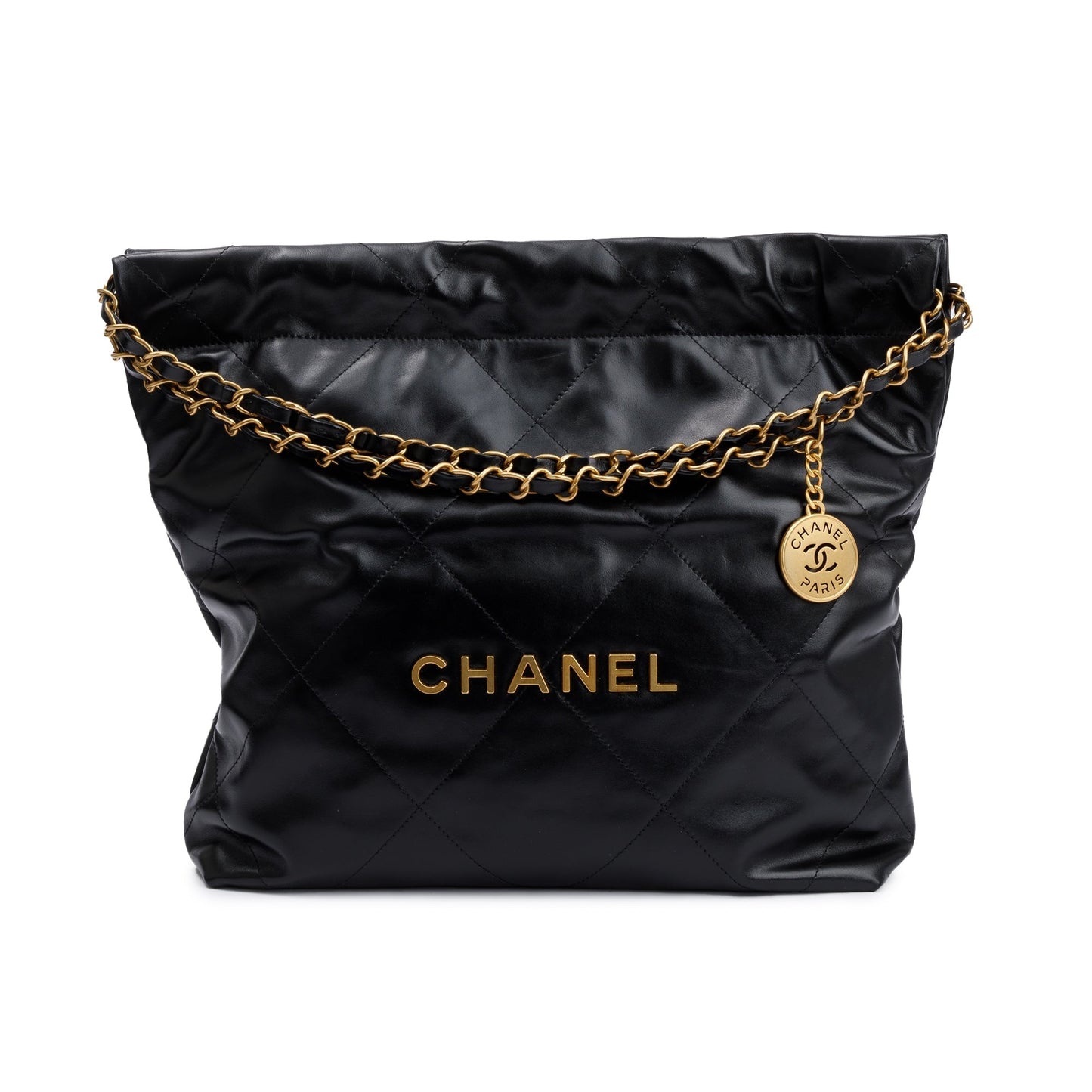 Chanel 2023 Black Shiny Calfskin Leather Small Chanel 22 Hobo