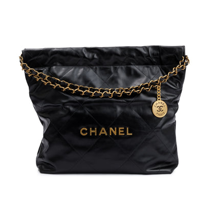 Chanel 2023 Black Shiny Calfskin Leather Small Chanel 22 Hobo