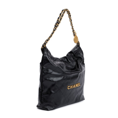Chanel 2023 Black Shiny Calfskin Leather Small Chanel 22 Hobo